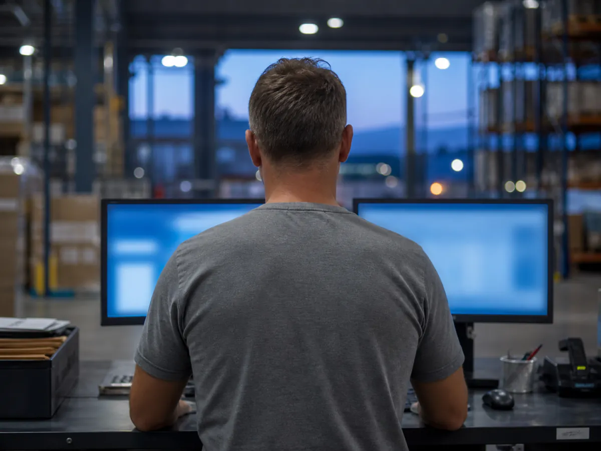 An operator at a dispatch desk facing two monitors as evening light fills the warehouse behind.