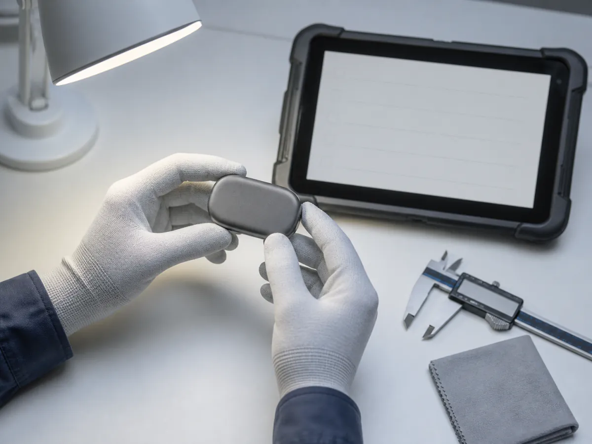 A gloved specialist inspects a small product at a lit bench beside a checklist tablet and calipers.