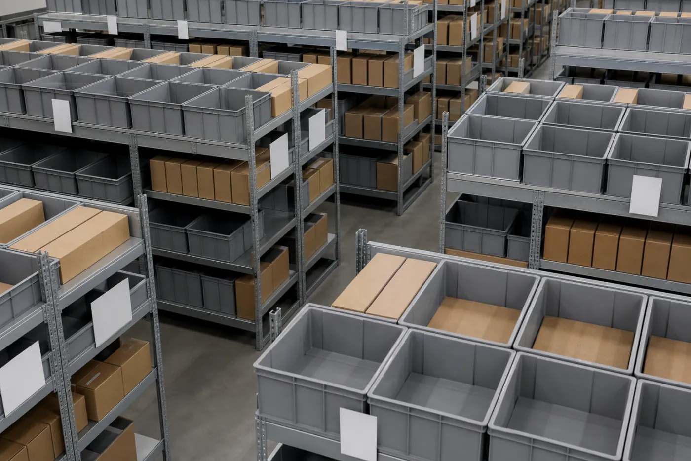 Rows of grey storage totes and cartons aligned on metal shelving, seen from above.