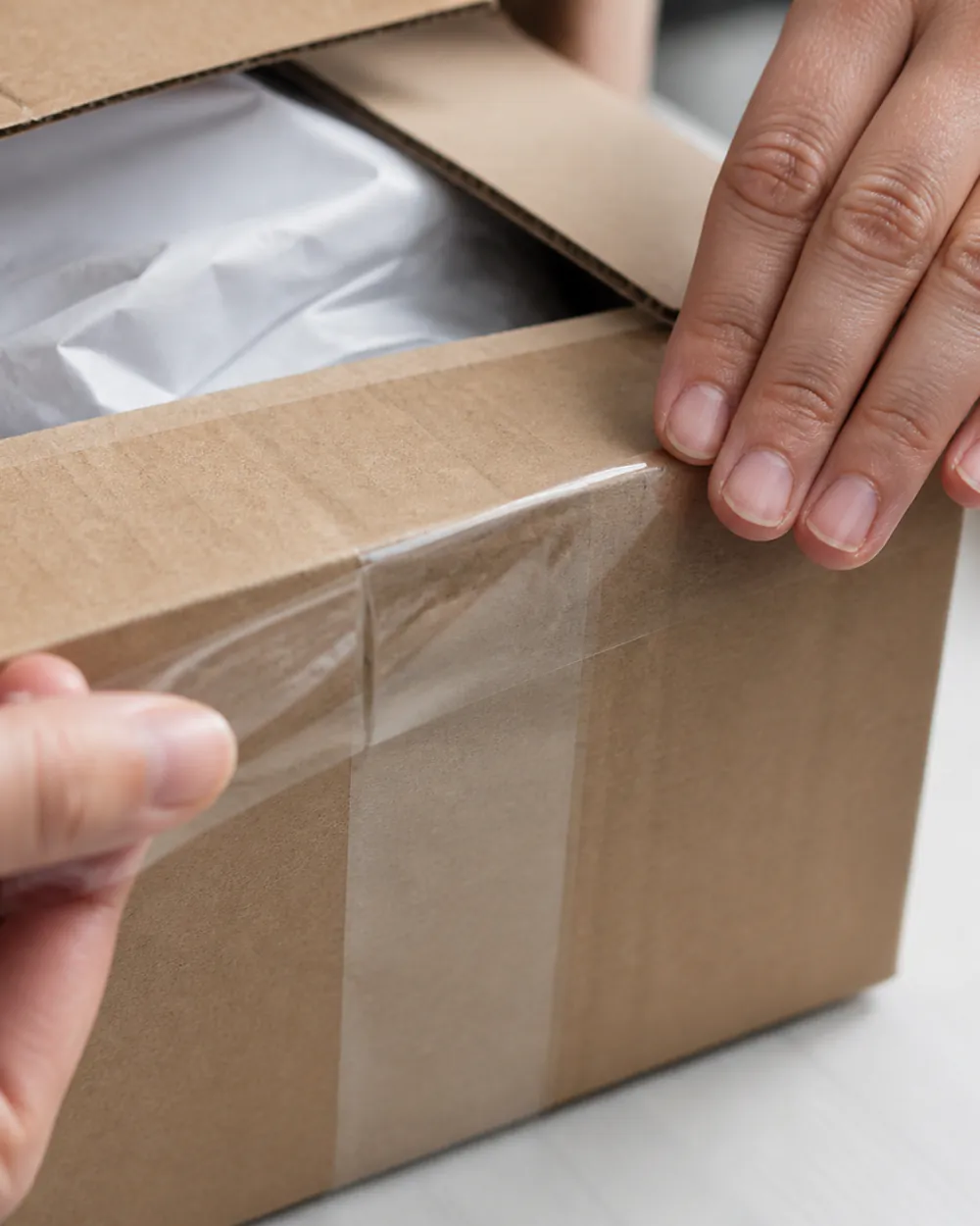 Hands sealing a kraft carton lined with tissue paper on a pale work surface.