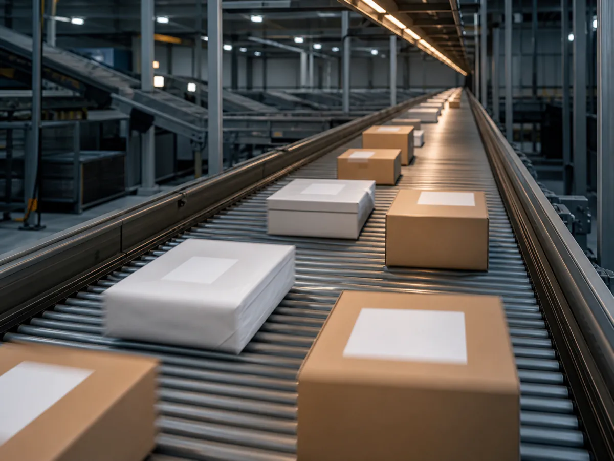 Labelled parcels moving along a roller conveyor inside a fulfillment centre.