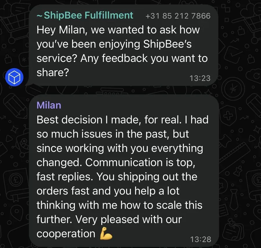 WhatsApp reply from Milan, ShipBee client: best decision I made, communication is top, fast replies, shipping out orders fast and helping me scale further
