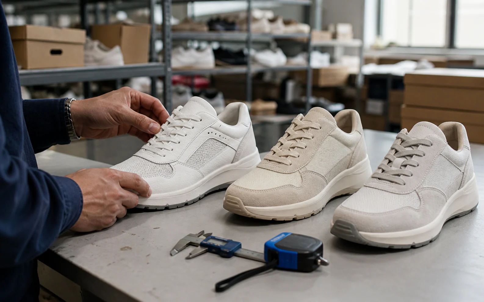 A sourcing specialist compares three similar trainer samples on a warehouse workbench.