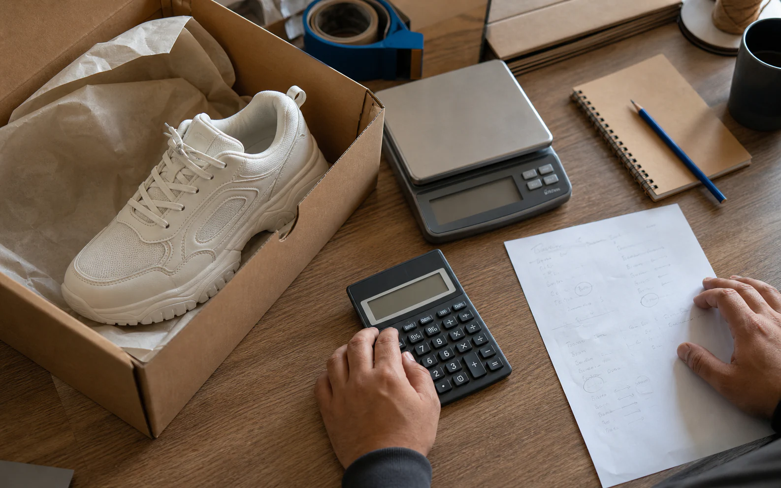 A merchant reviews a boxed trainer, parcel scale, calculator, and cost worksheet.