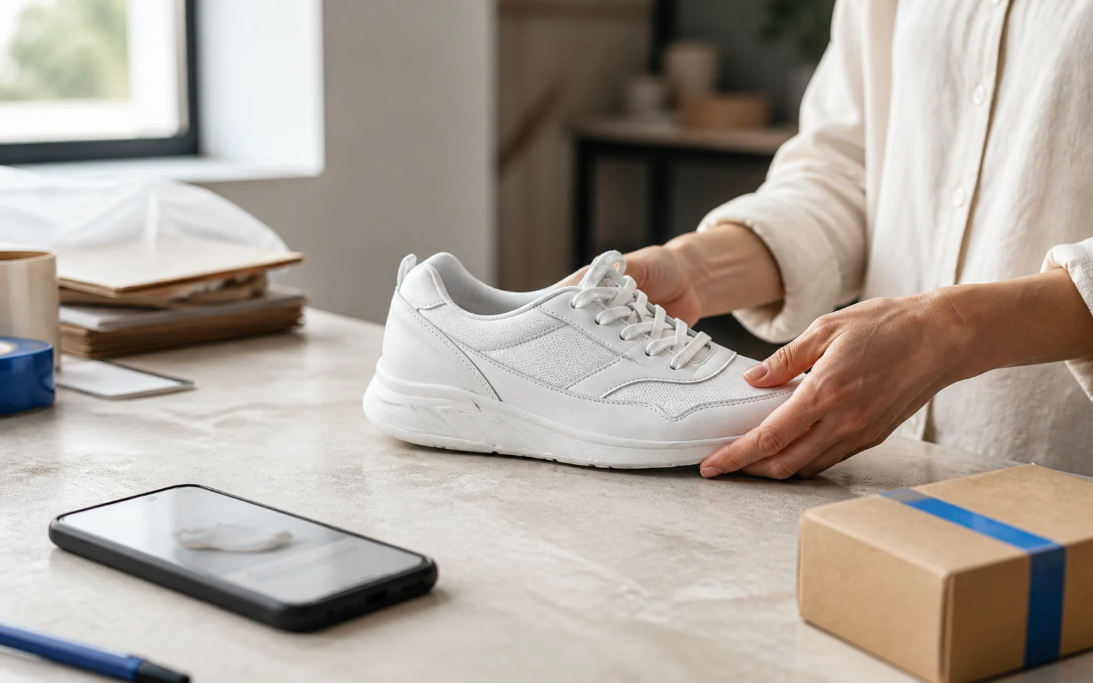 A merchant places a white trainer beside a product photo and a packed parcel.
