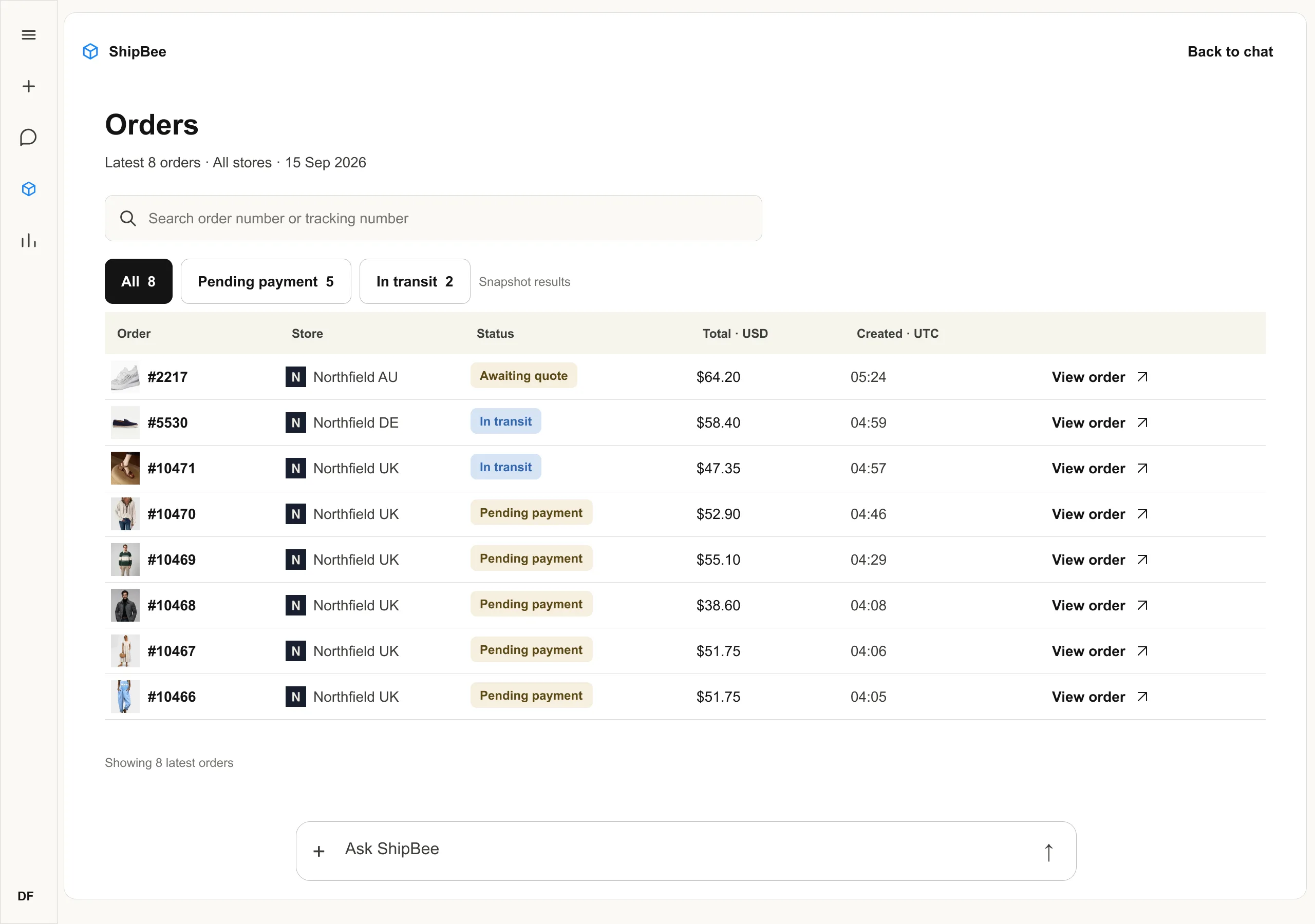 Browse orders: a ShipBee answer card inside an AI assistant