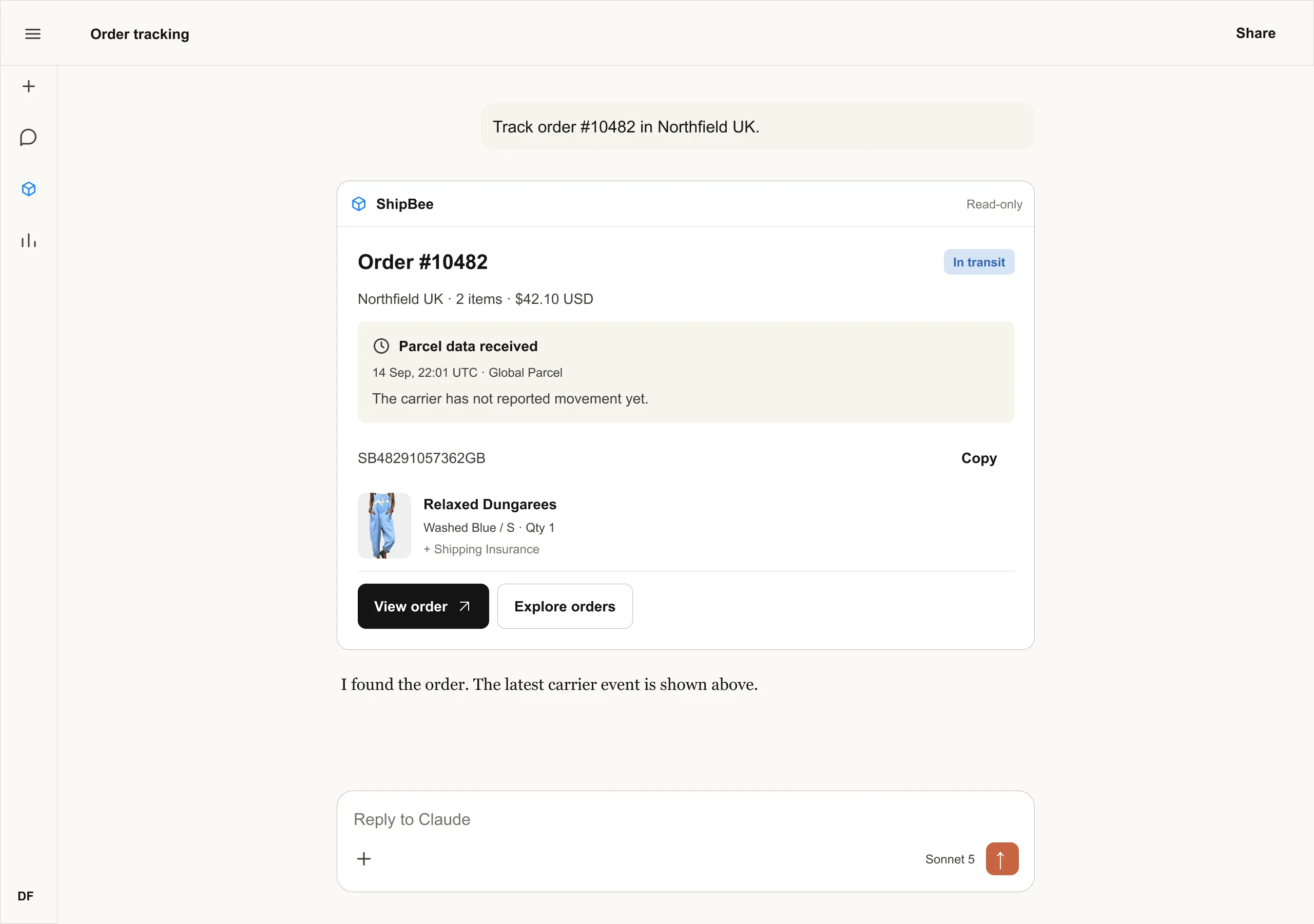 Find an order: a ShipBee answer card inside an AI assistant