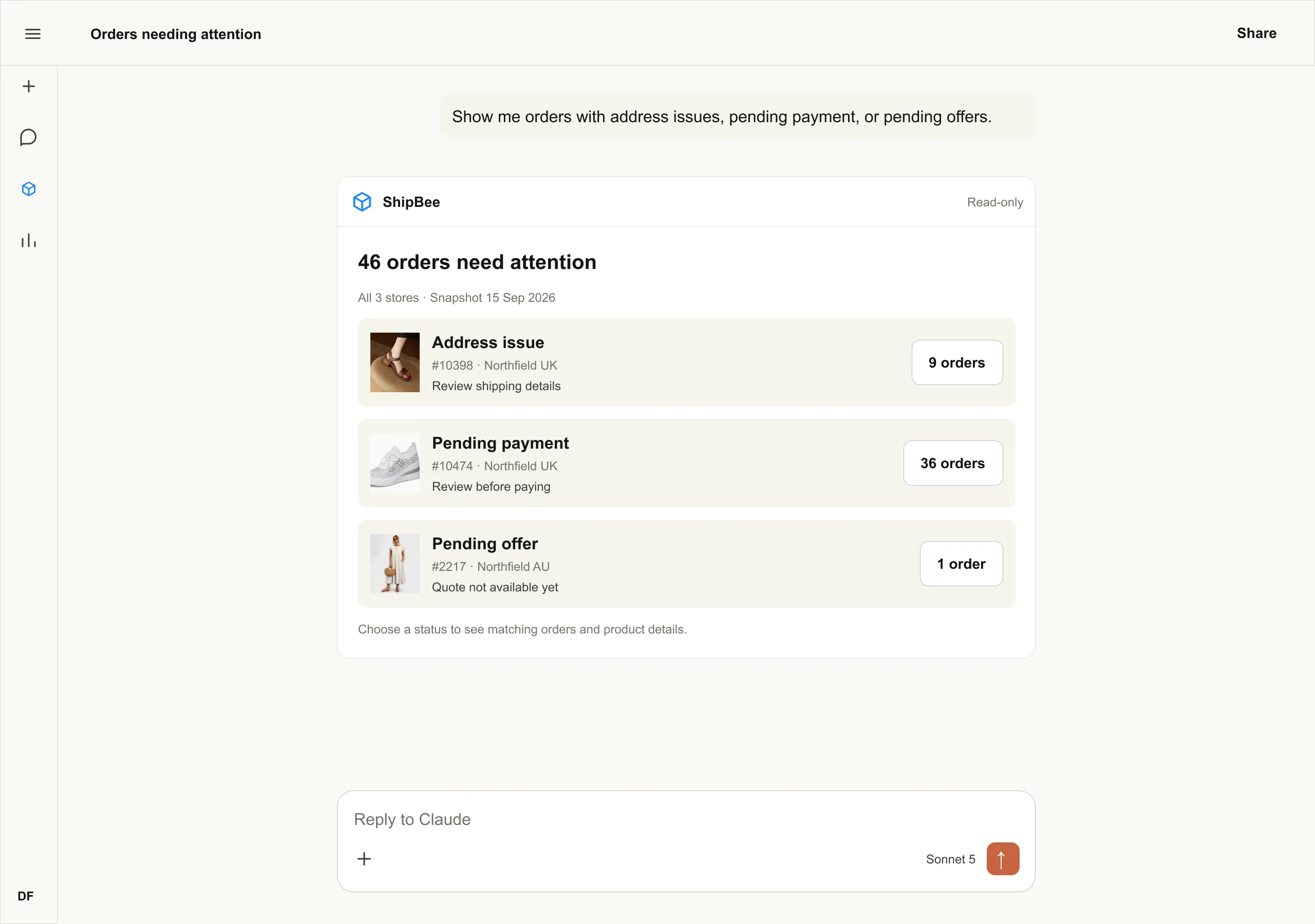 Orders that need you: a ShipBee answer card inside an AI assistant